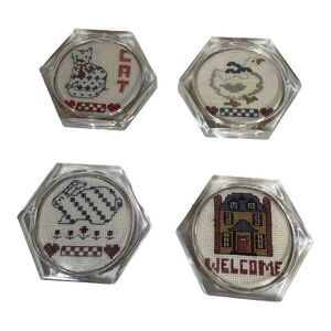 Vintage Kitschy Farmhouse Cat Rabbit Welcome Goose Country Coasters Cross Stitch